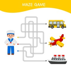 Maze game for children.  Cartoon illustration of a sailor and transport.