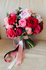 beautiful wedding bouquet with gold rings, bridal accessories