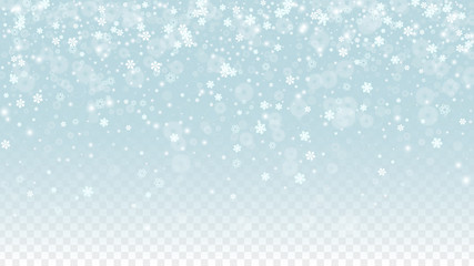 Christmas  Vector Background with White Falling Snowflakes Isolated on Transparent Background. Realistic Snow Sparkle Pattern. Snowfall Overlay Print. Winter Sky. Design for Party Invitation.