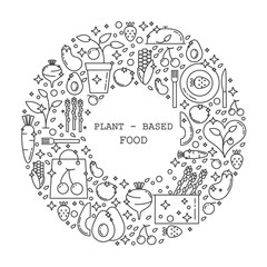 Plant-based food linear concept in circle with thin line icons on white background, template with space for text .