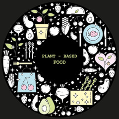 Fototapeta na wymiar Plant-based food linear concept in circle with thin line icons in pastel colors on black background, template with space for text