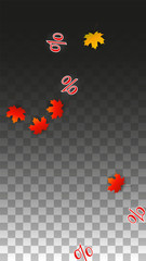 Vector Percentage Sign and Autumn Leaves Confetti on Transparent Background. Percent Sale Background. Business, Economics, Finance Print. Discount Illustration. Promotion poster. Black Friday Banner. 