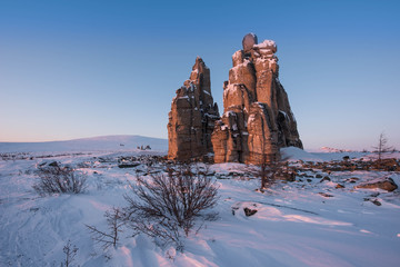 Ostantsy - an isolated array of rock, remaining after the destruction of the unstable part: the formation, weathering, rock remnants. Yakutia. Russia