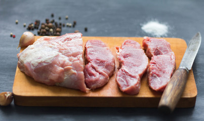 fresh meat with spices on the chopping Board for chops