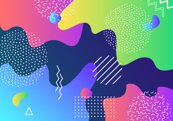 Vector abstract pop art pattern background with lines and dots. Modern liquid splashes of geometric shapes in trendy memphis style