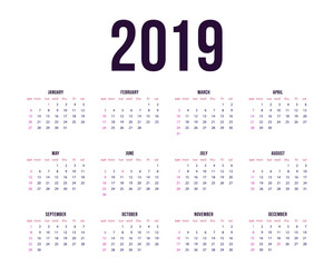 Vector template of calendar 2019. Week starts from Sunday