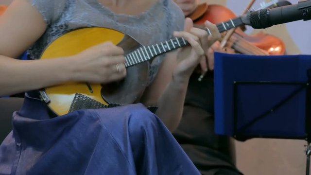 Symphony concert - unrecognizable woman playing mandolin - close up shot. Music and culture concept