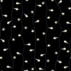 Светящаяся белая праздничная светодиодная гирлянда, бесшовный векторный рисунок на темном фоне