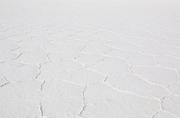 Close-up Salar de Uyuni, Salt flat in Bolivia.  Blue Sky and white salt ground.