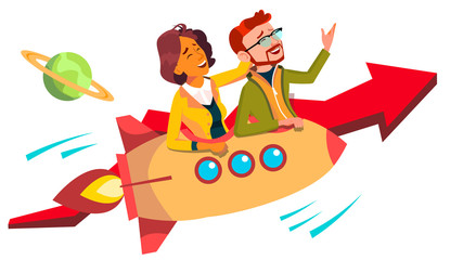 Teamwork And Leader Vector. Team Of Female And Male Businessmen Riding Rocket And Flying Up Together. Illustration