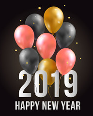 Vector Happy New Year 2019 illustration with flying 3d party air balloons and confetti. Trendy Merry Christmas celebration background