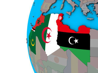 Maghreb region with national flags on blue political 3D globe.