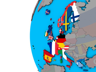 Western Europe with national flags on blue political 3D globe.