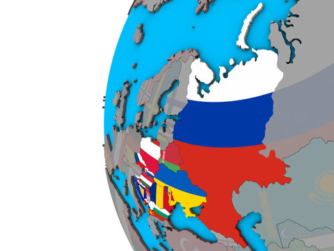 Eastern Europe With National Flags On Blue Political 3D Globe.