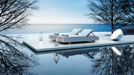 Beach lounge - Sun lounger on Sea view for vacation and summer / 3d render interior