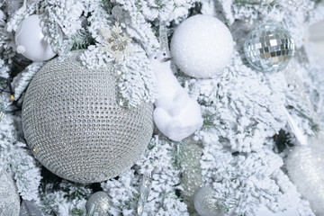 Christmas balls on fir tree. New Year holidays and Christmas time celebration.