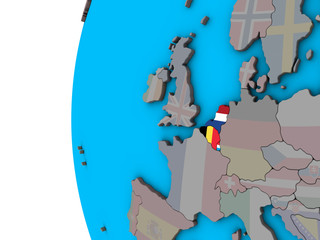 Benelux Union with national flags on blue political 3D globe.