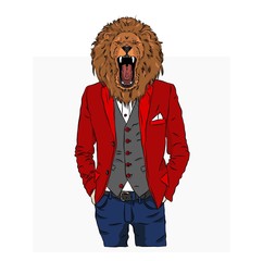 Illustration of lion  hipster dressed up in jacket, pants and sweater. Vector illustration