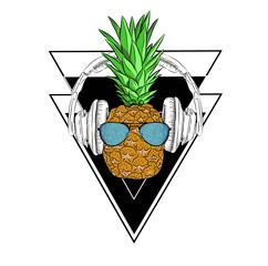 A pineapple in headphones against  and glasses . Can be used for printing on T-shirts, flyers, etc. Vector illustration