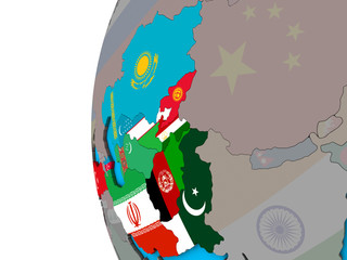 ECO member states with national flags on blue political 3D globe.