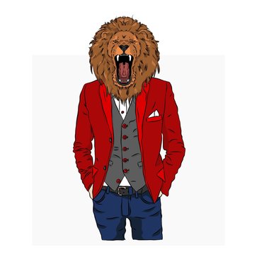 Illustration of lion  hipster dressed up in jacket, pants and sweater. Vector illustration