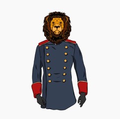 Portrait of a lion in old military uniform. Can be used for printing on T-shirts, flyers and stuff. Vector illustration