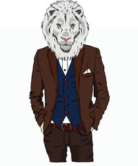 Illustration of lion  hipster dressed up in jacket, pants and sweater. Vector illustration