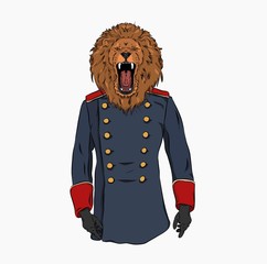 Portrait of a lion in old military uniform. Can be used for printing on T-shirts, flyers and stuff. Vector illustration