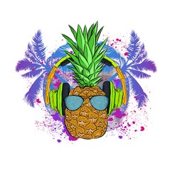 A pineapple in headphones against the background of palm trees. Can be used for printing on T-shirts, flyers, etc. Vector illustration