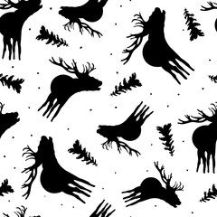 Vector Illustration. Seamless Background with deer and doddle christmas tree. Modern winter design