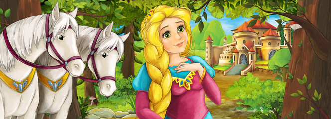 Cartoon nature scene with beautiful castle near the forest with beautiful young princess and horses - illustration for the children