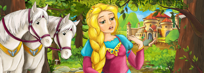 Cartoon nature scene with beautiful castle near the forest with beautiful young princess and horses - illustration for the children