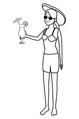 woman beach hat and cocktail black and white