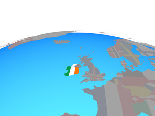 Ireland with national flag on political globe.