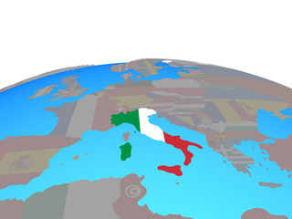 Italy with national flag on political globe.