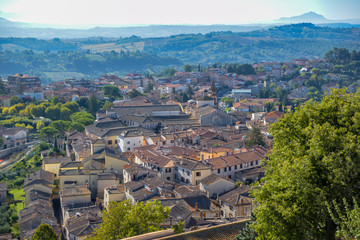 Fototapeta premium View from the characteristic Italian medieval village. Rural scene with roofs.