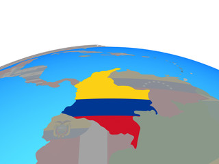 Colombia with national flag on political globe.