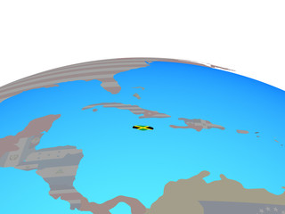 Jamaica with national flag on political globe.
