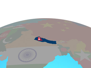 Nepal with national flag on political globe.