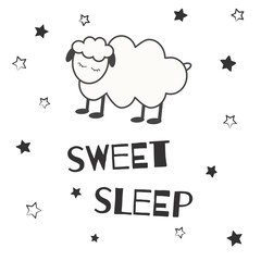 Cute vector illustration with sleeping sheep and inscription 