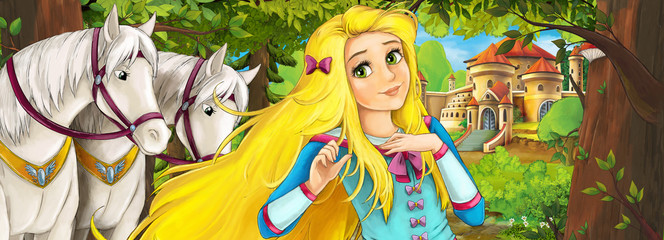 Obraz na płótnie Canvas Cartoon nature scene with beautiful castle near the forest with beautiful young princess and horses - illustration for the children