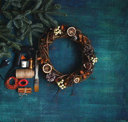 christmas background / wreath making/birch wreath with decore /process of decorating christmas wreath