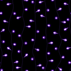 Светящаяся фиолетовая праздничная светодиодная гирлянда, бесшовный векторный рисунок на темном фоне