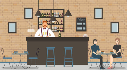 Interior of cafe or bar in loft style. Bar counter, bartender in blue shirt with glasses of champagne,beautiful women and shelves with bottles of alcohol.Board with menu and photos.Vector illustration