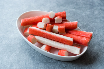 Fresh Crab Sticks Surimi in Ceramic Bowl. Ready to Eat.