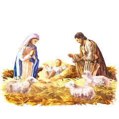 Christmas Crib, Holy Family, Christmas nativity scene with baby Jesus, Mary and Joseph in the manger with sheeps, Christian Catholic religious card, isolated, hand drawn watercolor illustration - 238907252