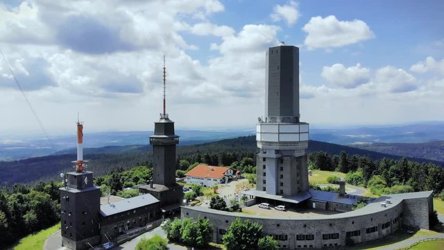 Aerial view and flight at Grosser Feldberg, aerial mast of hr and viewing tower, Oberreifenberg in the background, Hesse, Germany