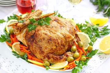 Celebratory food. Baked chicken stuffed with ham and mushrums for festive dinner
