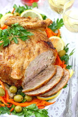 Celebratory food. Baked chicken stuffed with ham and mushrums for festive dinner