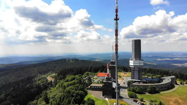 Aerial view and flight at Grosser Feldberg, aerial mast of hr and viewing tower, Oberreifenberg in the background, Hesse, Germany